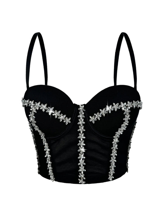 Crystal Embroidered Bustier Corset Crop Top Evening Party Stage Bralette