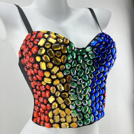 Multicolor Patchwork Rhinestone Bustier Corset Crop Top Stage Costume Bralette