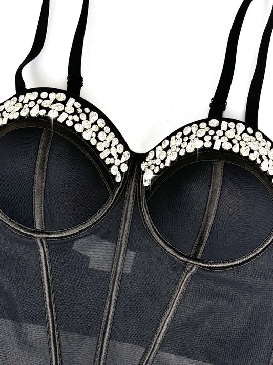 Diamond Embroidered Bustier Corset Crop Top Asymmetric Stage Bralette