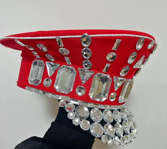 Rhinestone Studded Military Captain Hat & Stage Performance Security Cap