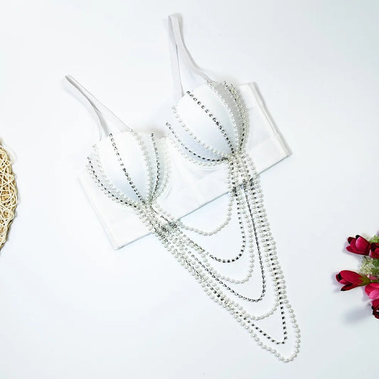 White Pearl & Diamond Chain Bustier Corset Crop Top Party Stage Bralette
