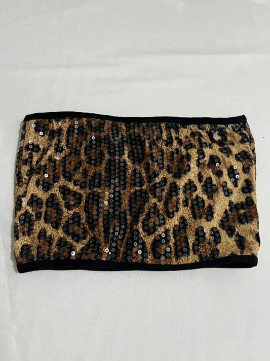 Sequined Top & High-Waist Leopard Print Shorts 2-Piece Gogo Dance Set