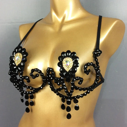 Dazzling Rainbow Crystal Stone Belly Dance Bra & Samba Carnival Performance Top