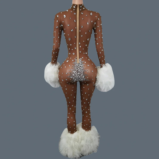 Sparkly Rhinestone & Feather Cuffed Jumpsuit Stage Performance Catsuit Costume