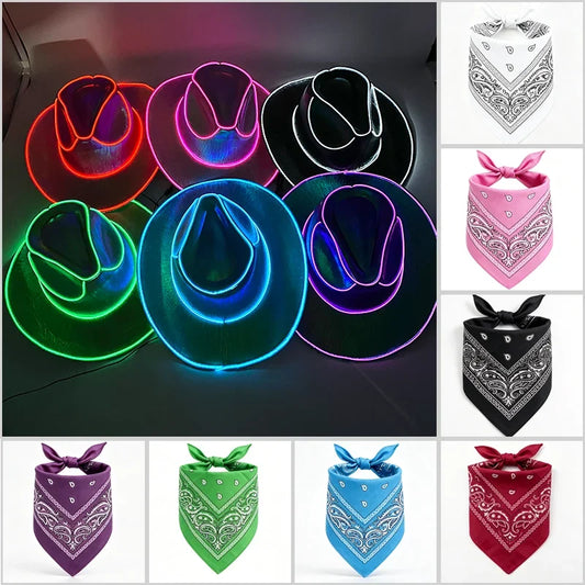 EL Wire Glowing Cowboy Hat Square Bandana Scarf Set Neon Light Up Hat for Women Men Halloween Rave Party Cosplay Costume Outfit