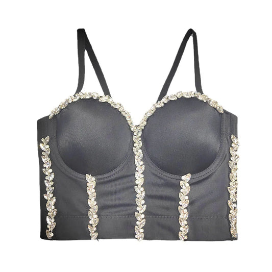 Crystal Chain Strap Bustier Corset Crop Top Hook-and-Eye Stage Bralette
