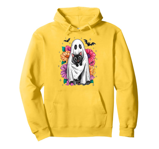 Boho Halloween Cat Ghost Spooky Mama Hoodie - Minimalist Print for Adults