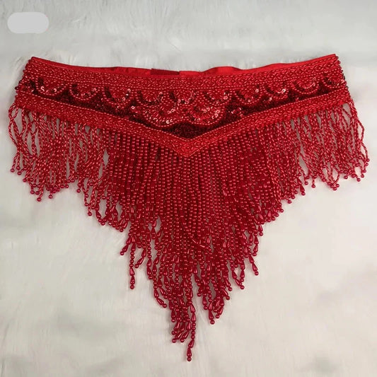 Sparkly Sequin Belly Dance Hip Scarf Wrap Belt with Beaded Tassel Waist Chain