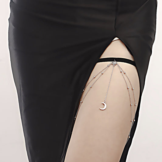 Sexy Elastic Double Layer Bead Body Metal Crescent Pendant Tassel Thigh Chain