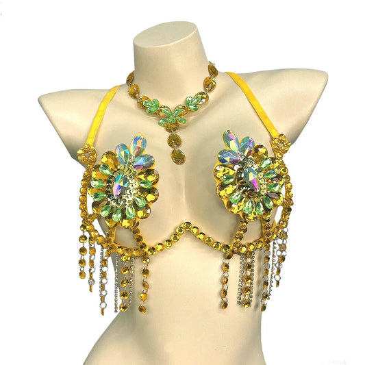 Sparkly Samba Carnival Stone Wire Bra & Necklace Two-Piece Dance Costume Set