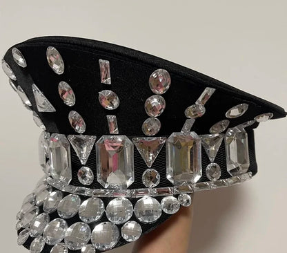 Rhinestone Studded Military Captain Hat & Stage Performance Security Cap