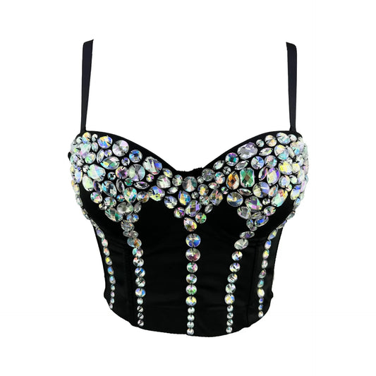 AB Rhinestone Crystal Bustier Corset Crop Top Stage Costume Party Bralette