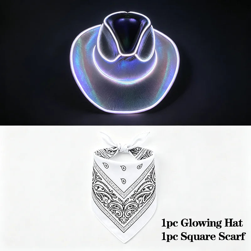 EL Wire Glowing  Cowboy Hat Square Bandana Scarf Set Neon Light Up Hat for Women Men Halloween Rave Party Cosplay Costume Outfit