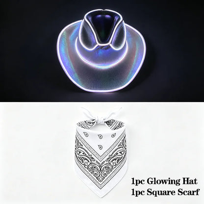EL Wire Glowing  Cowboy Hat Square Bandana Scarf Set Neon Light Up Hat for Women Men Halloween Rave Party Cosplay Costume Outfit