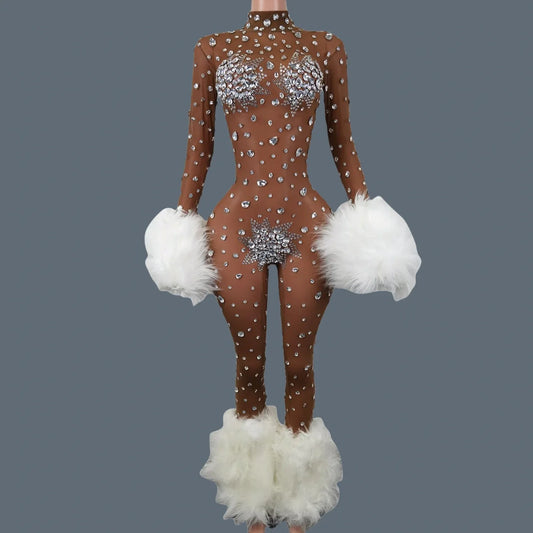 Sparkly Rhinestone & Feather Cuffed Jumpsuit Stage Performance Catsuit Costume