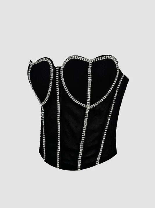 Black Strapless Diamond Embroidered Mesh Bustier Corset Top Stage Party Bralette