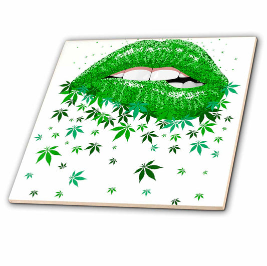 3dRose Casie Peters Digial Art - Cannabis Lips Sexy Saint Patricks Day - Tiles (ct_342880)